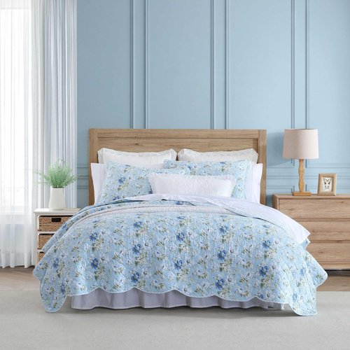 Laura Ashley - Quilt Set, Super Soft Bedding with Matching Shams, Scalloped Edge Design (Peony Garden Blue, Full/Queen)