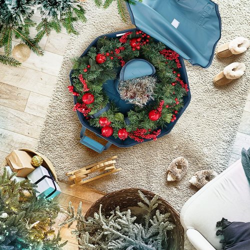 Hearth & Harbor Christmas Bag - Premium Hard Shell Wreath Storage Organizer with Dual Zipper & Pockets - 36" Blue