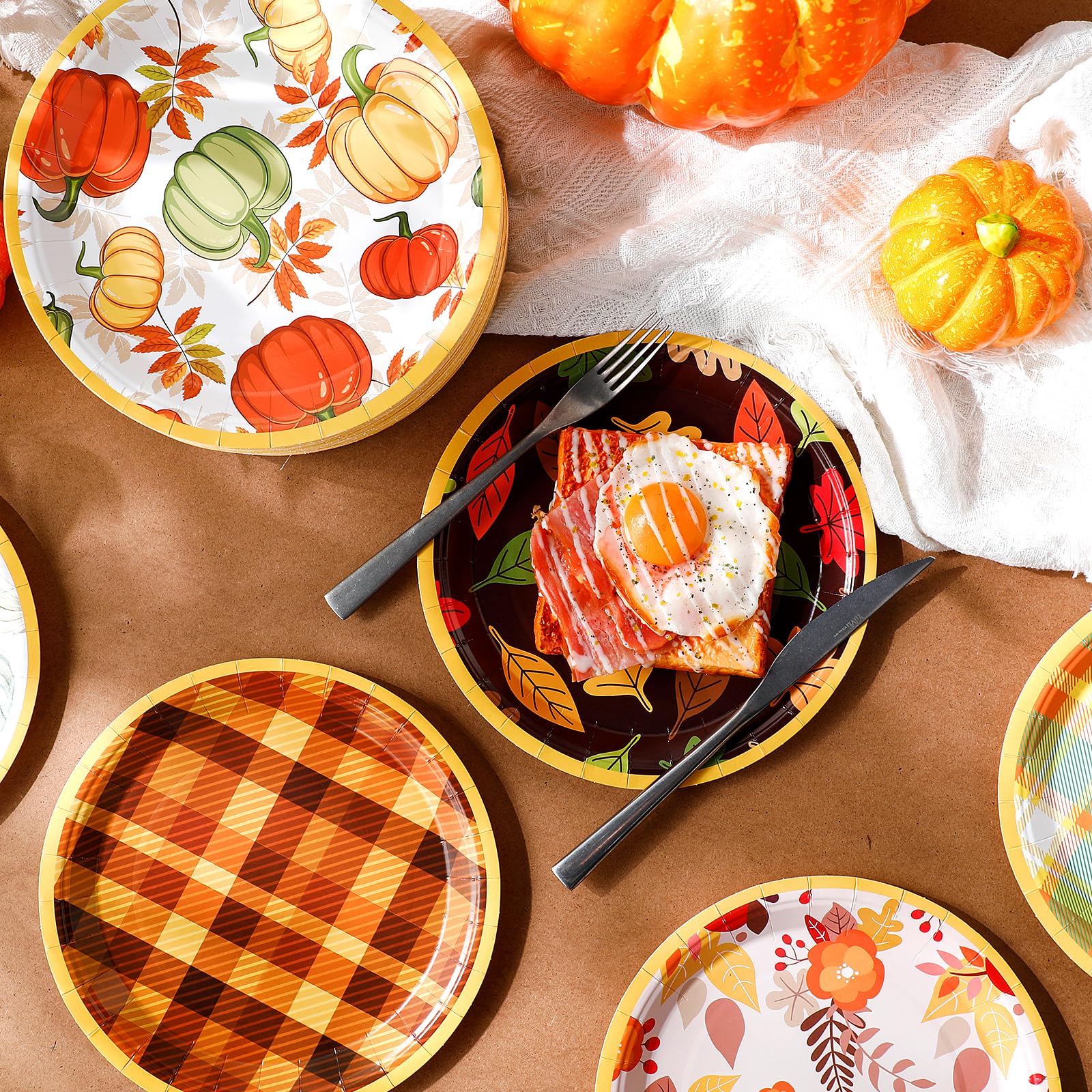 Uiifan 120 Pcs Fall Pumpkin Paper Plates Thanksgiving Dinnerware Set Maple Leaf Dessert Plates Disposable Autumn Harvest Round Dishes for Halloween Birthday Party Decoration, 6 Styles(7 Inch)