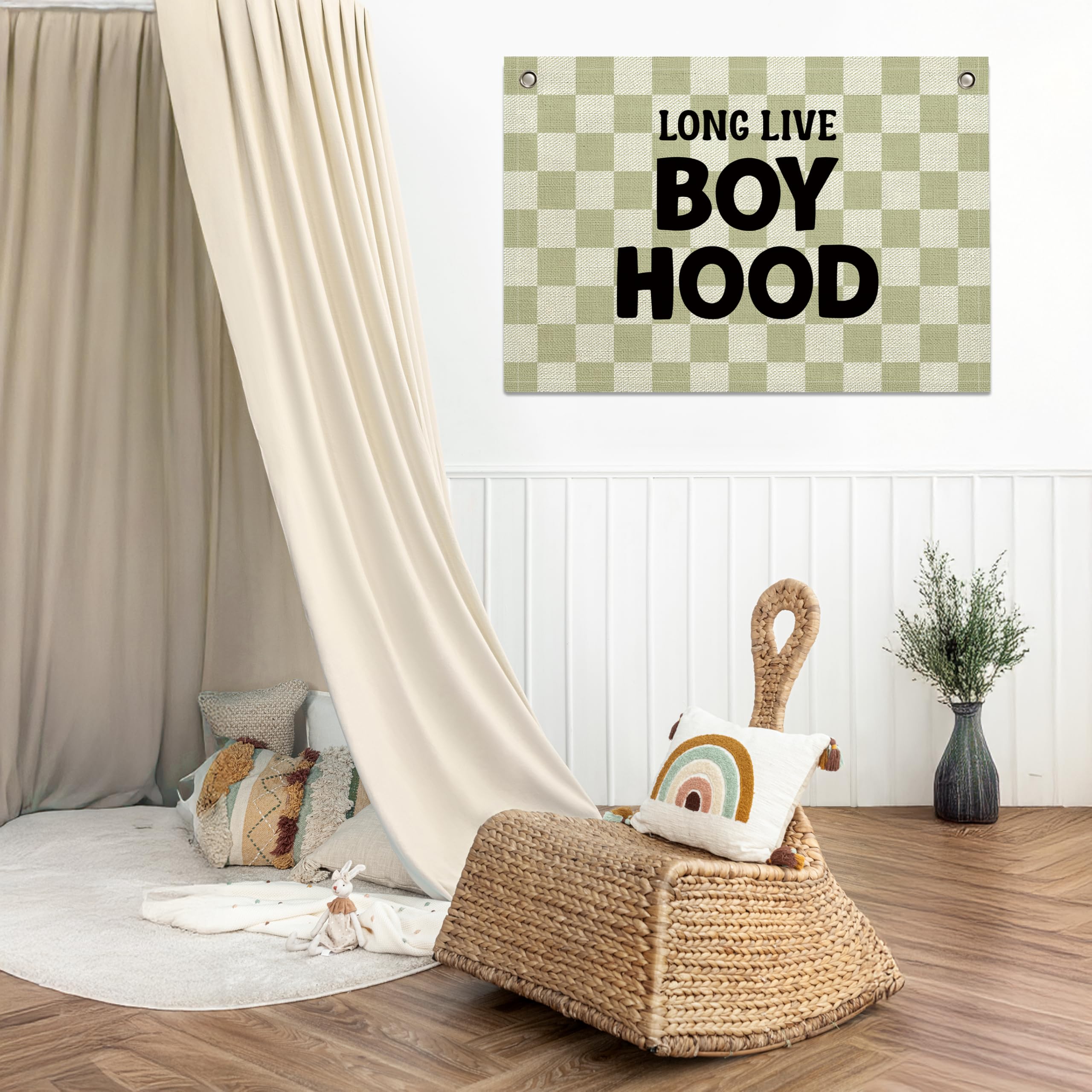 Long Live Boyhood Banner – Boy Room Decor Linen Banner Hanging Flag Retro Pink for Nursery Playroom Wall Art Decor for Kids Bedroom Dorm Toddler Decorations (Green Plaid2)