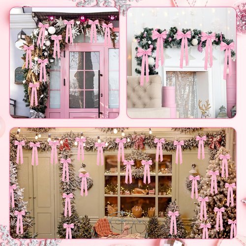 MUKOSEL Pink Velvet Bows - 12Pcs 5in X 10in Christmas Tree Decorations | Vintage Holiday Ornaments