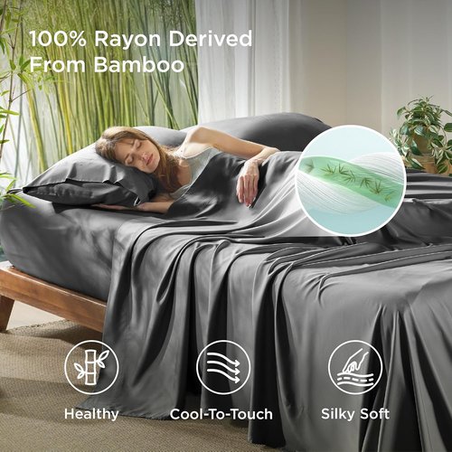 Bedsure King Size Sheets Set - Cooling Bamboo Rayon Sheets for Hot Sleepers | Soft & Breathable Grey