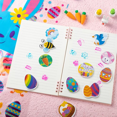 JOYIN 72 Pcs Easter Party Favors Set, 12 Packs Assorted Goody Bags with Rings/Sticker, Foam Stickers, Stampers for Kids Gift, Easter Egg Hunt, Basket Stuffers