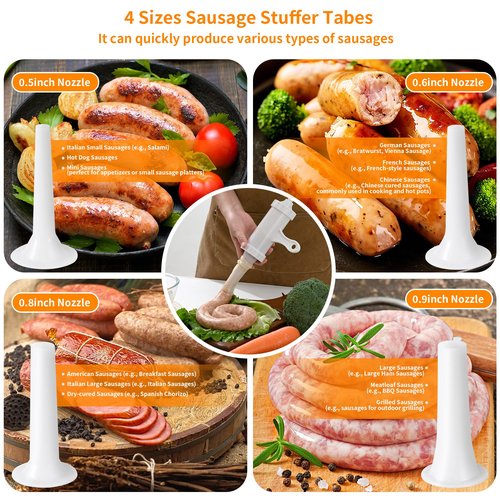 Luckyiren Manual Sausage Stuffer with 4 Stuffing Tubes, BPA-Free Plastic Meat Filler, 12/15/20/24mm Tubes for Natural, Collagen Casings, DIY Hot Dogs, Bratwursts