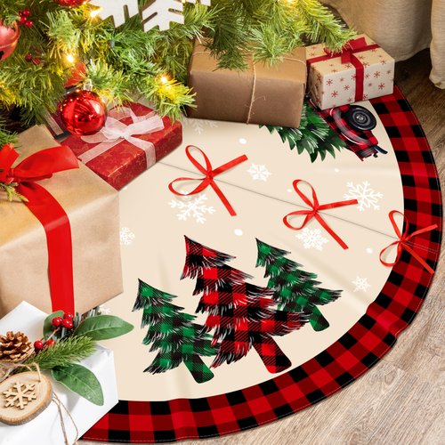 Christmas Tree Skirt 48 Inch Buffalo Plaid Tree Skirt Red and Black Plaid Gnome Xmas Decorative Tree Mat Rustic Christmas Decorations for Home Office Winter Holiday Party Decor
