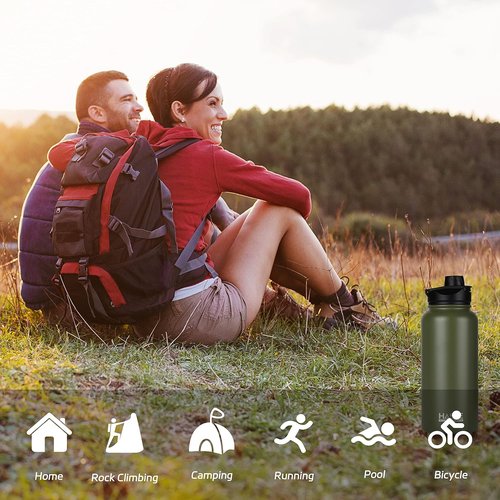 HASLE OUTFITTERS 32 oz Insulated Stainless Steel Water Bottle - Double Walled with 2 Lids (Army Green)