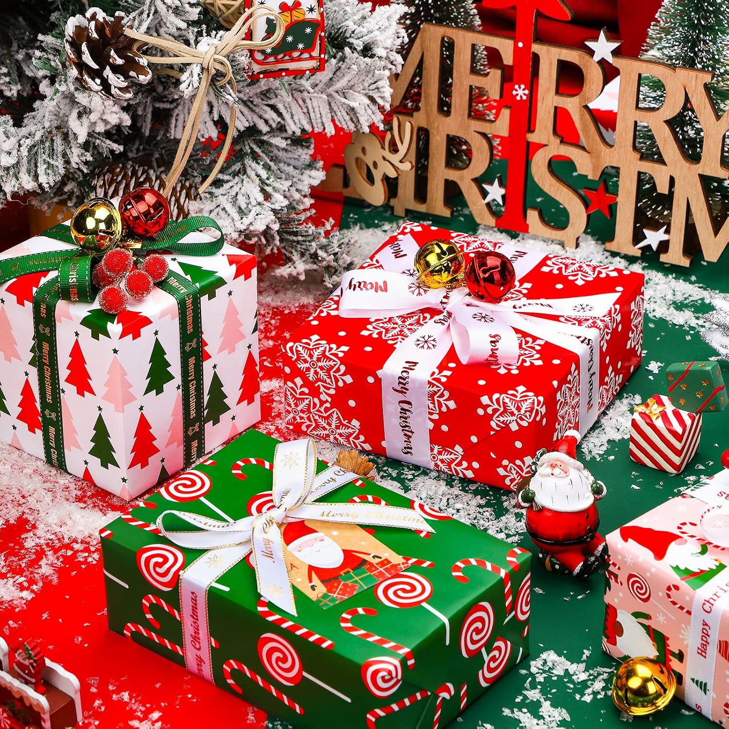 WRAPAHOLIC Christmas Wrapping Paper Roll - Jumbo 30 Inch Gnome Elf Holiday Collection | 4 Rolls, Red, Green, Pink
