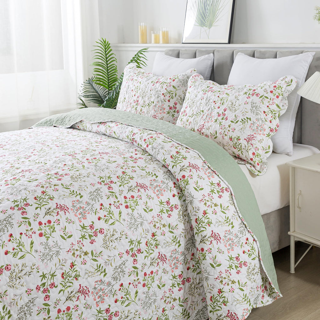 HoneiLife Queen Quilt Bedding Set - 3 Pieces Microfiber Quilt Sets Lightweight Bedspreads Reversible Coverlets Nature Bed Cover Floral Bedding Set Wildflower Quilts All Season Use