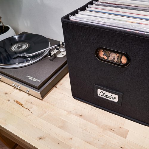 ZICOTO Decorative Vinyl Record Storage Box for 50+ Single Records - Sturdy and Easy to Carry LP Holder with Lid - The Perfect Storage Crate for Your Valuable Album Collection