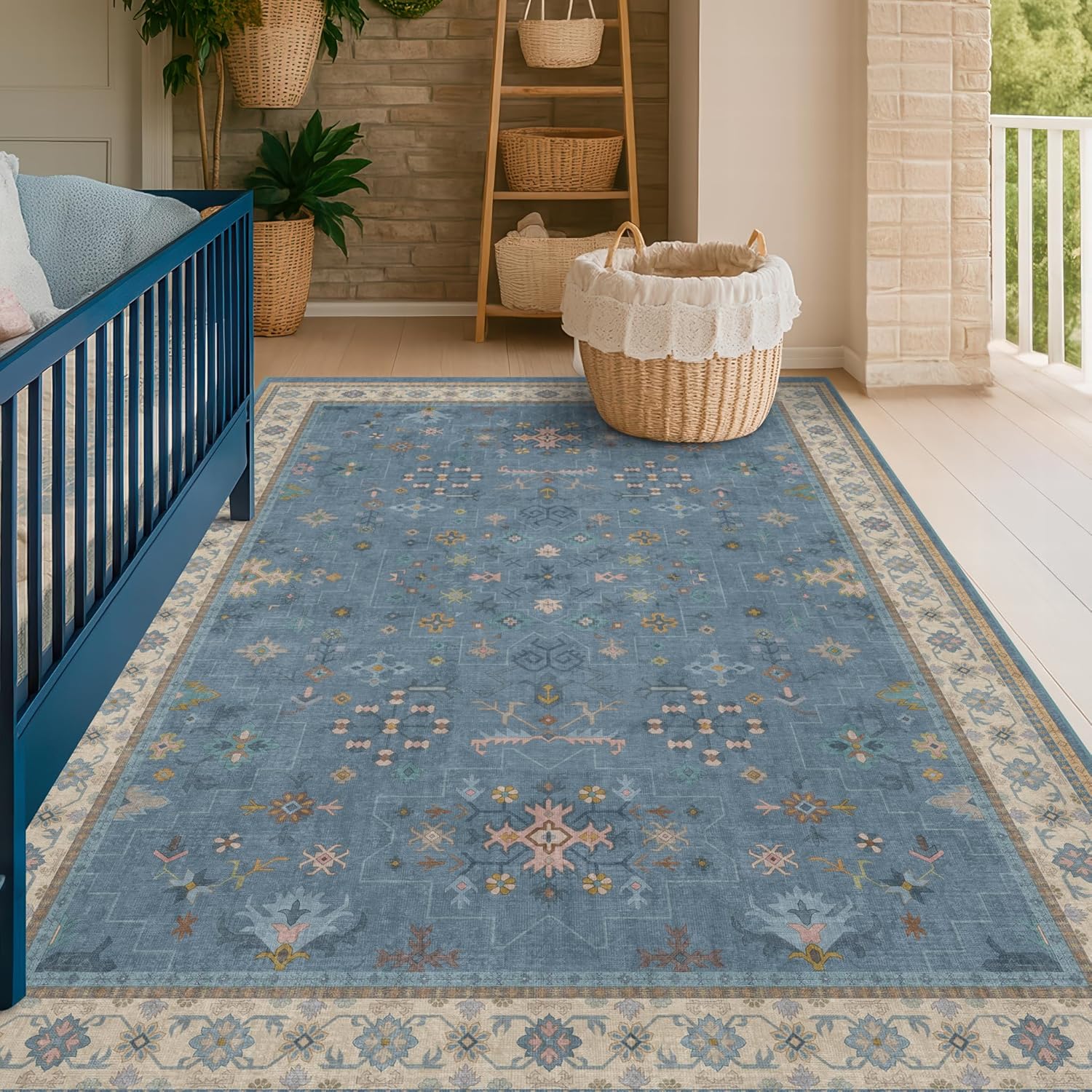 Skiennix 5x8 Boho Eclectic Area Rug - Modern Low-Pile Carpet for Living Room, Bedroom & Nursery - Washable Non-Slip Rubber Back