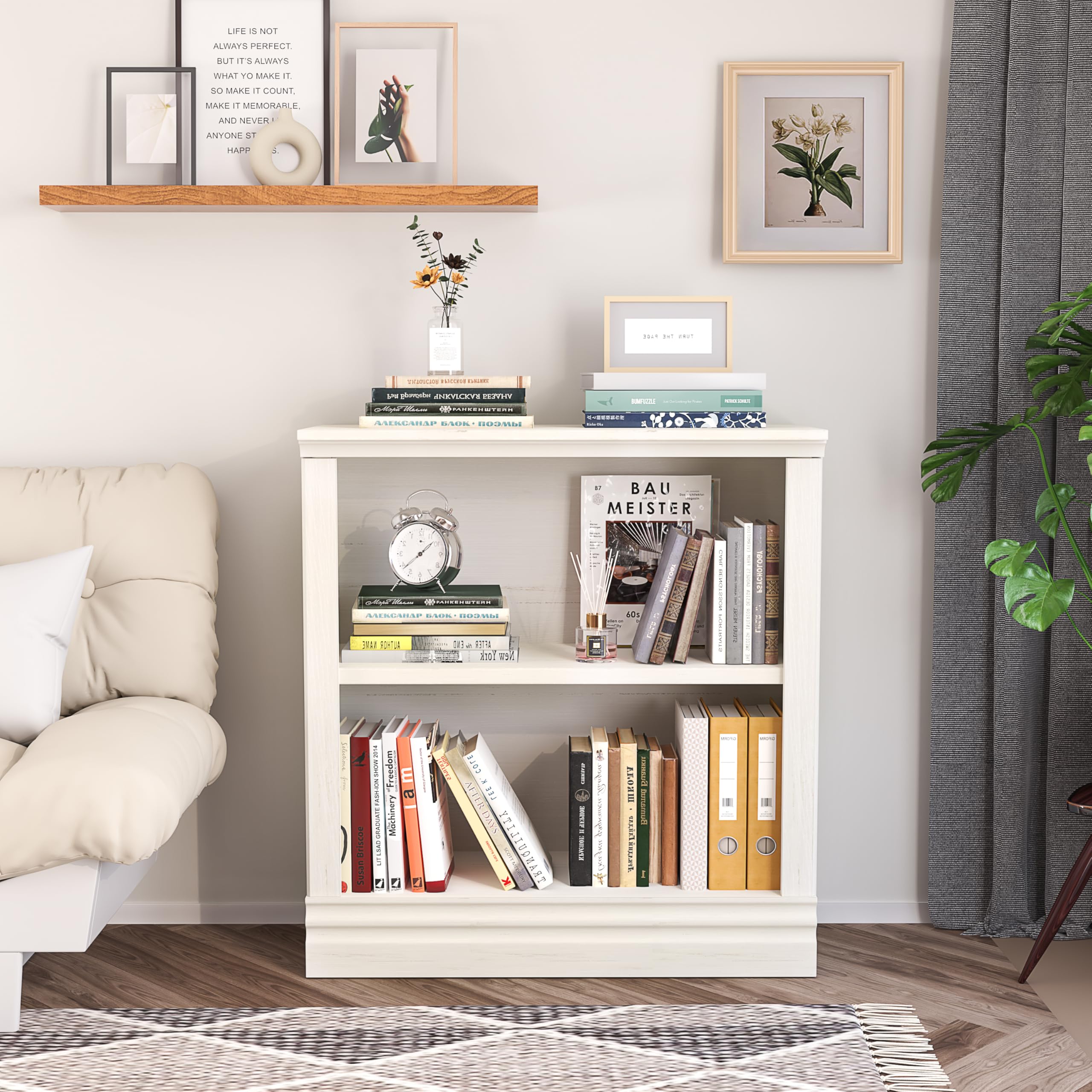 Fllution 2-Shelf Bookcase, 32 in Tall Cream White 31.5 in Wide Floor Standing Bookshelf, Floor Standing Display Storage Shelves with Adjustable Shelves for Living Room Hallway Home Office Bedroom
