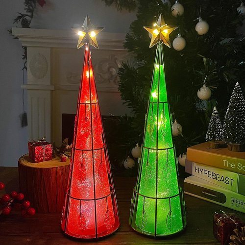 Juegoal Lighted Christmas Table Decorations - Battery Operated Cone Shaped LED Ornaments | 2 Pack, Green & Red