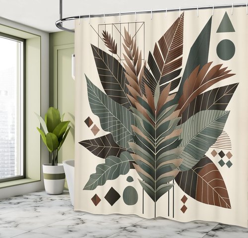 Ambesonne Monstera Shower Curtain, Boho Abstract Tropical Leaves in Coffee and Neutral Tones Modern, Cloth Fabric Bathroom Decor Set with Hooks, 69" W x 70" L, Evergreen Sage Green Fawn