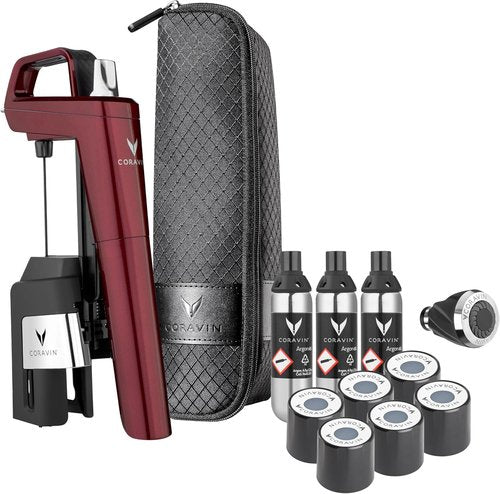Coravin Timeless Six Plus Wine Preservation System - By-the-Glass Wine Saver - With 3 Pure Argon Gas Capsules, 6 Screw Caps & Wine Aerator - Burgundy