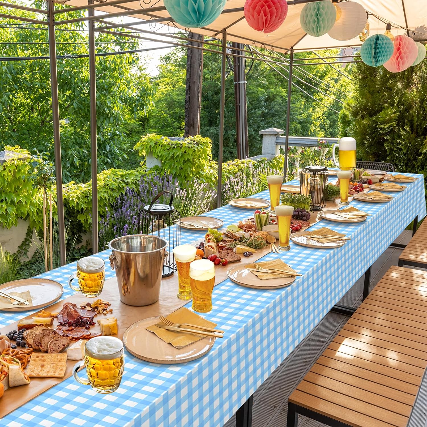 Regine Switzerland Disposable Light Blue Gingham Tablecloth - Perfect for Outdoor Picnics & Parties | 54 x 108 Inch