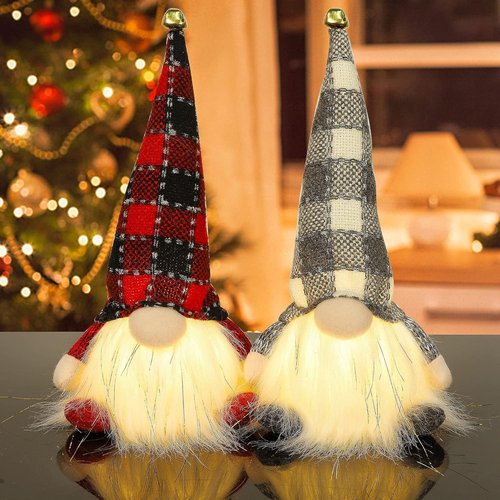 Juegoal Lighted Christmas Gnomes - 12 Inch Handmade Plush Scandinavian Tomte with Buffalo Plaid Hat | Battery Operated Holiday Decor