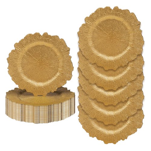 JEVERGN 24 Pack Gold Charger Plates, 13'' Reef Chargers for Dinner Plates, Gold Plate Chargers Set of 24, Round Plastic Charger for Wedding, Party Event, Dinner, Table Setting