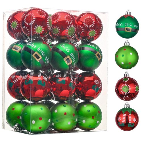 Valery Madelyn Christmas Ornaments Set, 24ct Elf Red Green White Shatterproof Christmas Tree Decorations Set, 2.36 Inch Decorative Hanging Ball Ornaments Bulk for Xmas Holiday Party Indoor Decor