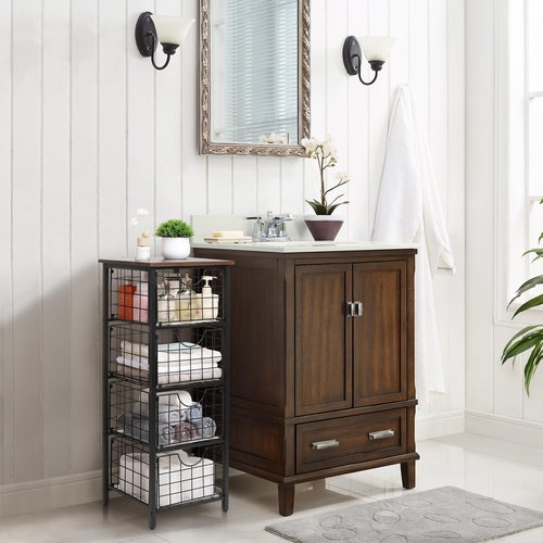 DINGTAI 5-Tier FreeStanding Storage Shelves with 4 Pull-Out Baskets,Bathroom Organizer Shelves Unit with WoodTop,Fruit Basket for Kitchen,Storage Tower Organizer Basket Cart for Bathroom，Black