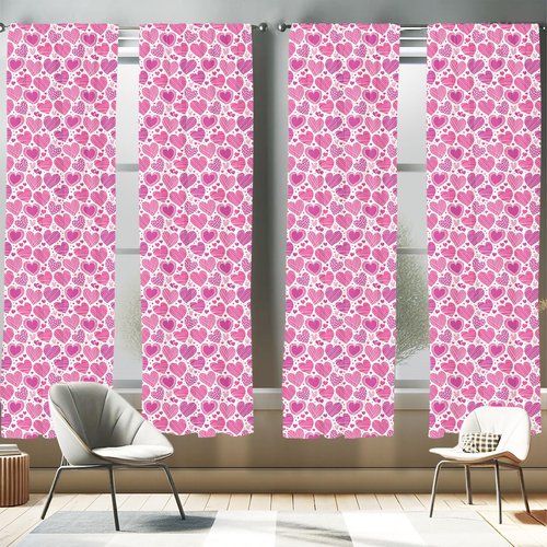 Ambesonne Valentines Window Curtains Pack of 2, Romantic Heart Shapes with Many Different Designs Polka Dots Crossed Lines, Lightweight Set with Rod Pocket, 4 Panels of - 28" x 84", Pink White