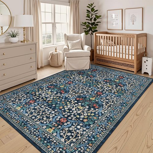 GarveeHome 8x10 Area Rugs, Washable Rugs for Living Room Non Slip Stain Resistant Ultra Soft Floral Rug, Boho Carpet Floor Mat for Bedroom Dining Room Nursery Playroom Office, Dark Blue