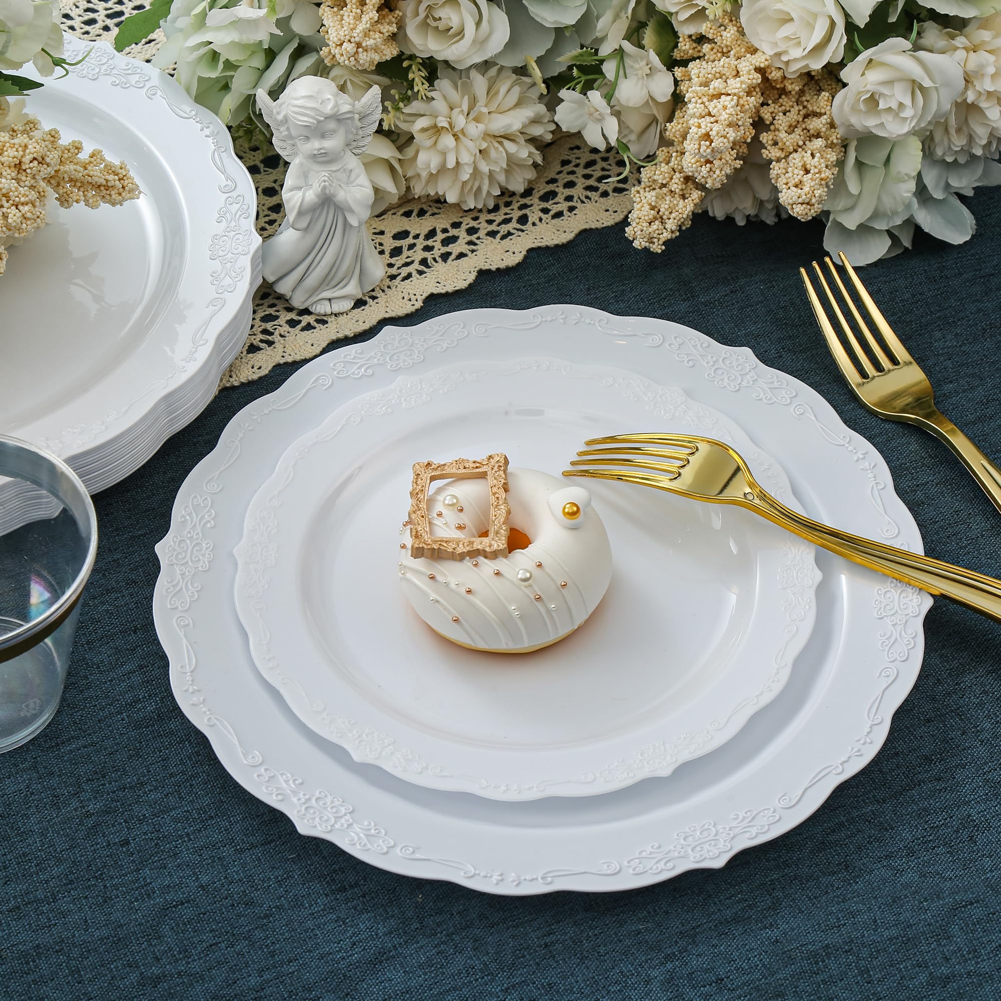 Upassion 100 Pieces White Plastic Plates - 10.25 inch White Dinner Disposable Plates - Premium Hard Disposable Dinner Plates - Party Supplies for Birthdays, Celebrations, Wedding and Events