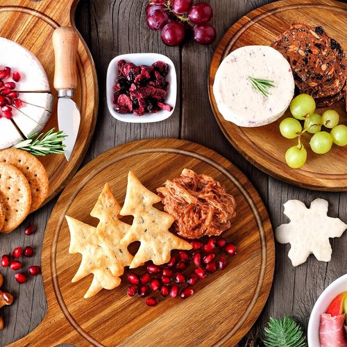 10 Pcs 15.4 x 11.4 Inch Wood Round Cutting Boards with Handle for Kitchen Serving and Food Preparation Featuring Use for Pizza Bread Cheese Charcuterie Vegetables(Acacia)