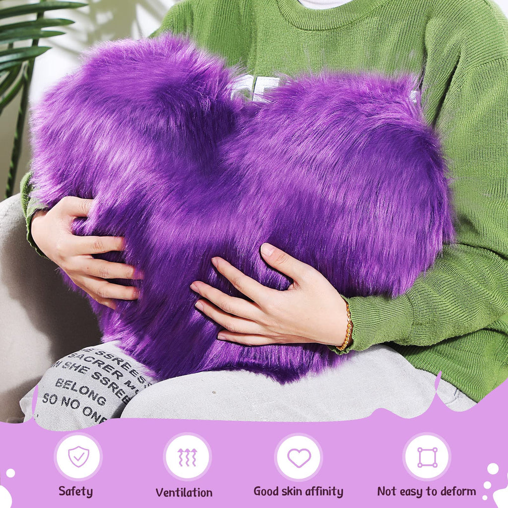 Enhon 2 Pcs Fluffy Heart Pillows Faux Fur Heart Shaped Plush Pillow Soft 20 x 15.7 Inch Love Throw Pillows with Insert for Decorative Office Home Bedroom Living Room Sofa(Violet)