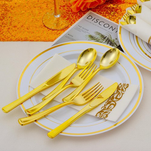 ISFANGCO 100 Pack Pre Rolled Gold Plastic Silverware Set with Napkins,Disposable Wrapped Heavy Duty Cutlery Set for Wedding Birthday Party-100 Forks,Knives,Spoons,Utensils Set,Plasticware Bulk