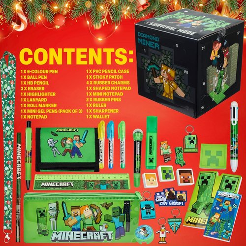 Minecraft Advent Calendar 2025 - 24 Fun Items Including Keychains, Pens & Notebooks | Perfect Gamer Xmas Gift