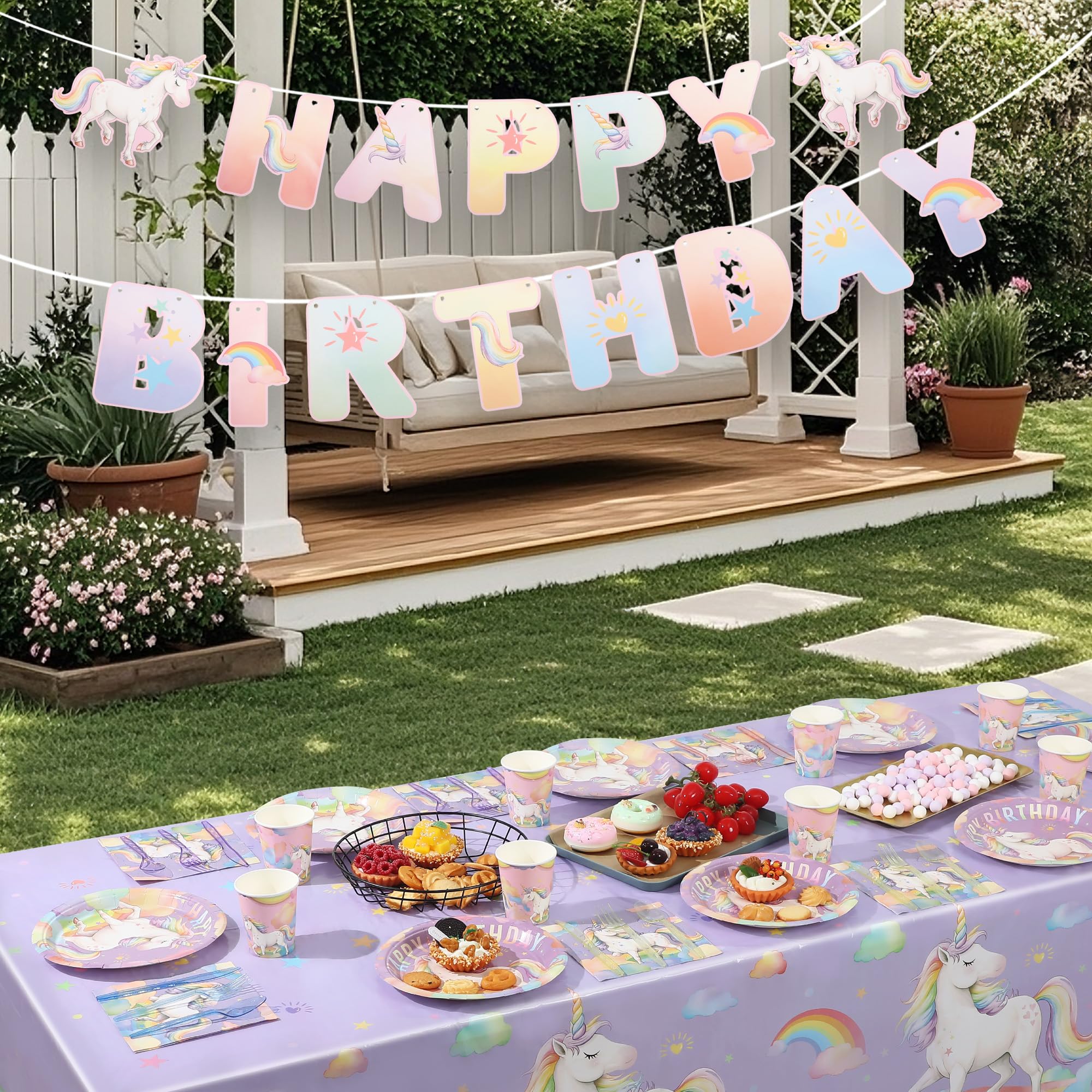 Zotmala Birthday Party Supplies Kit for 24 Guests, 170 Pcs for Unicorn Birthday Decorations, Includes Dinner & Dessert Plates, Napkins, Cups, Cutlery, Banner and Tablecloth