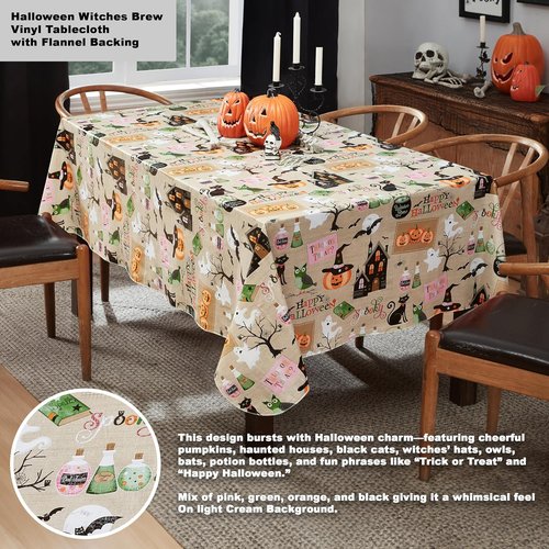 Newbridge Halloween Witches Brew Tablecloth - 52x52 Inch Vinyl with Flannel Backing, Cute Ghost & Cat Design