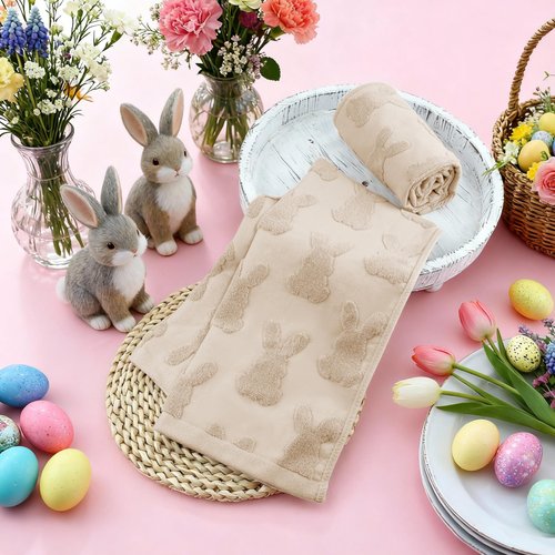 HUFAND 2 Pcs Easter Hand Towels for Bathroom Cotton Happy Easter Bunny Jacquard Decorative Kitchen Dish Towels Set Soft Absorbent Holiday Bath Towel for Spring Home Decor Gift, 13.7 x 29.5 Inch