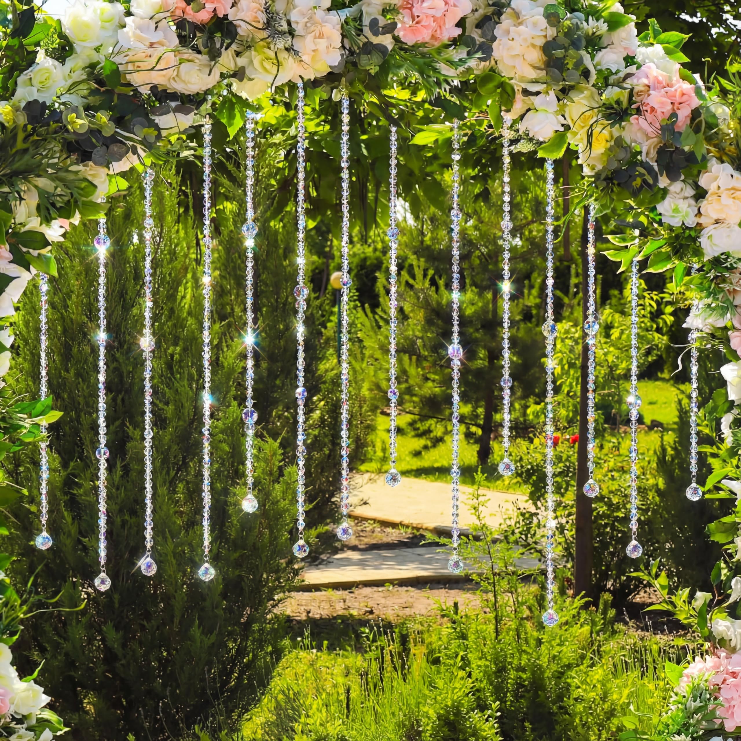 Yalikop 11.8 ft Crystal Bead Garland for Wedding Iridescent Crystal Garland Strands Clear Glass Beads Bridal Decor Glass Strands for Wedding Mantel Fireplace Windows DIY Craft(Transparent AB Color)