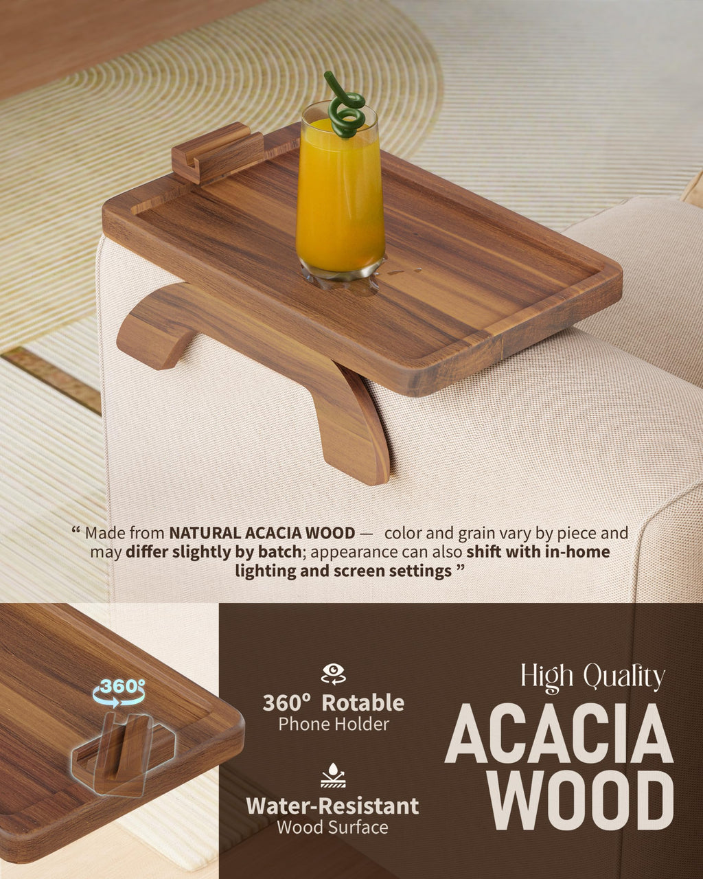 BLUEWEST Sofa Armrest Tray,15.4''x9.8'' Acacia Wood Couch Arm Clip on Tray Table with 360° Rotating Phone Holder Fits Most Couch Arm Sizes–Non-Slip, Arm Table for TV Dinners, Remote, Drinks & Snacks