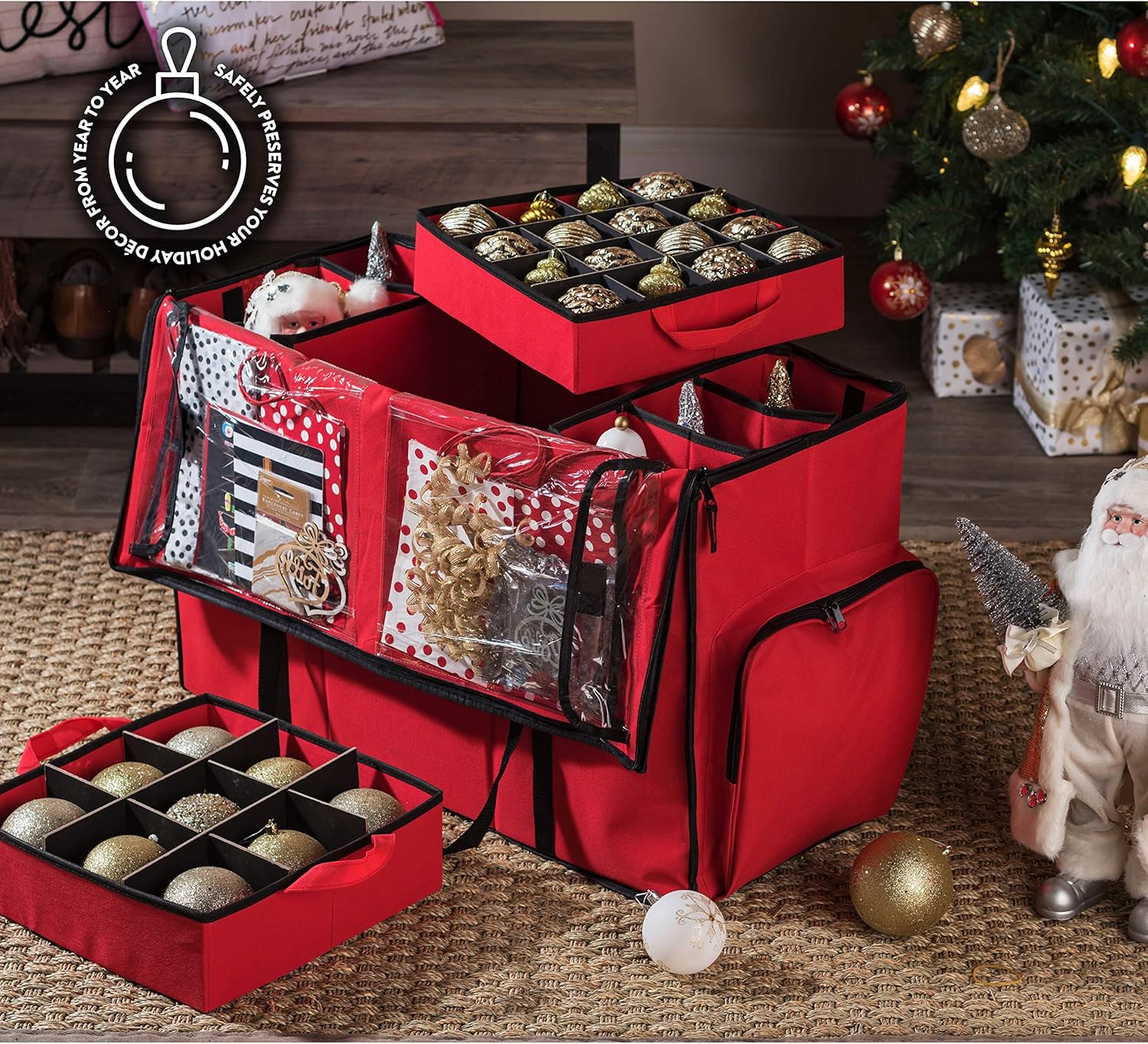 ZOBER Christmas Ornament Storage Box - Easy Access Removable Trays for 73 Ornaments - Red