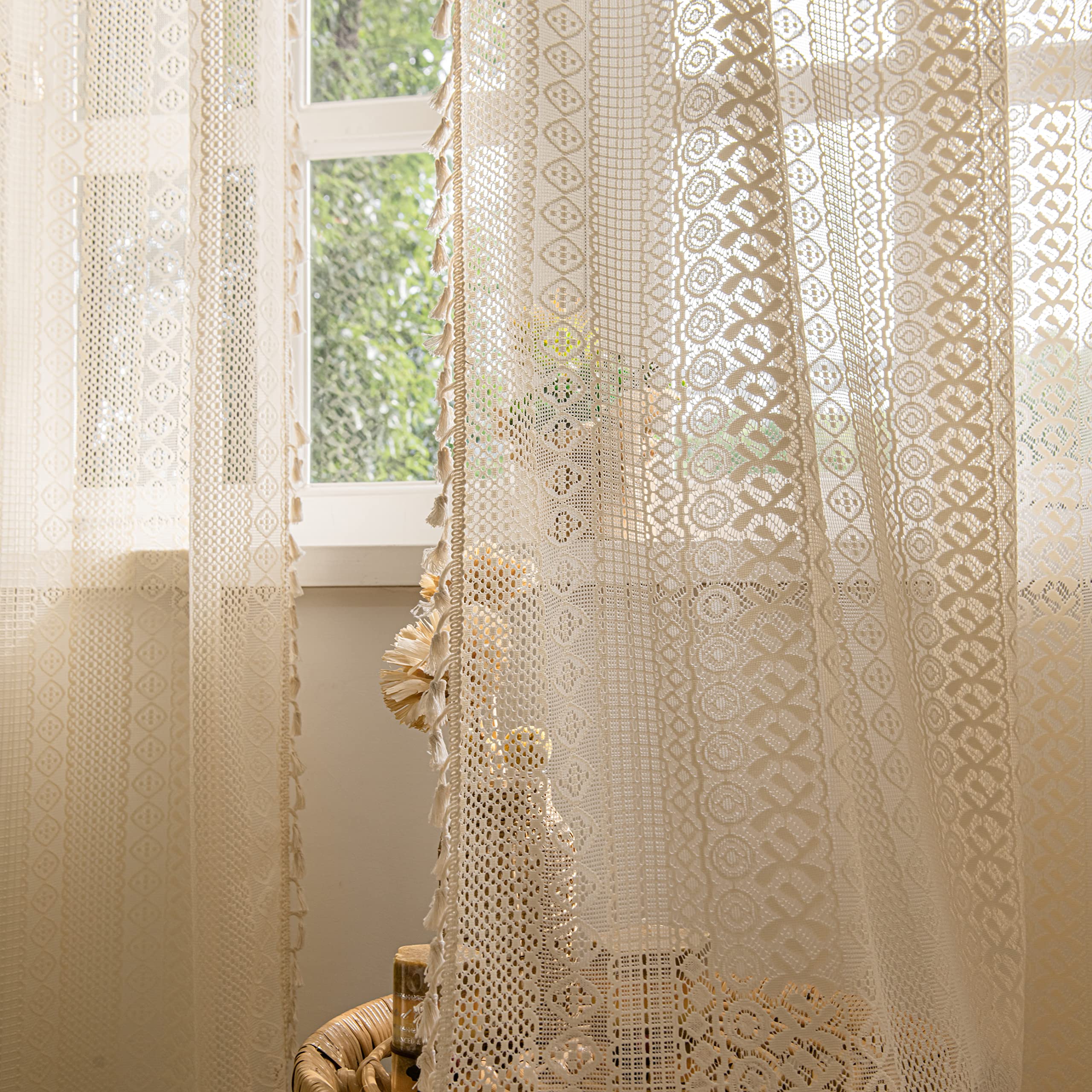 Sutuo Home Boho Curtains 84 Inches Length for Bedroom, Window Treatments Bohemian Sheer Crochet Lace Vintage Drapes Pair, Beige Geometry Knitted with Handmade Tassels Rod Pocket, 52" x 84"，2 Panels