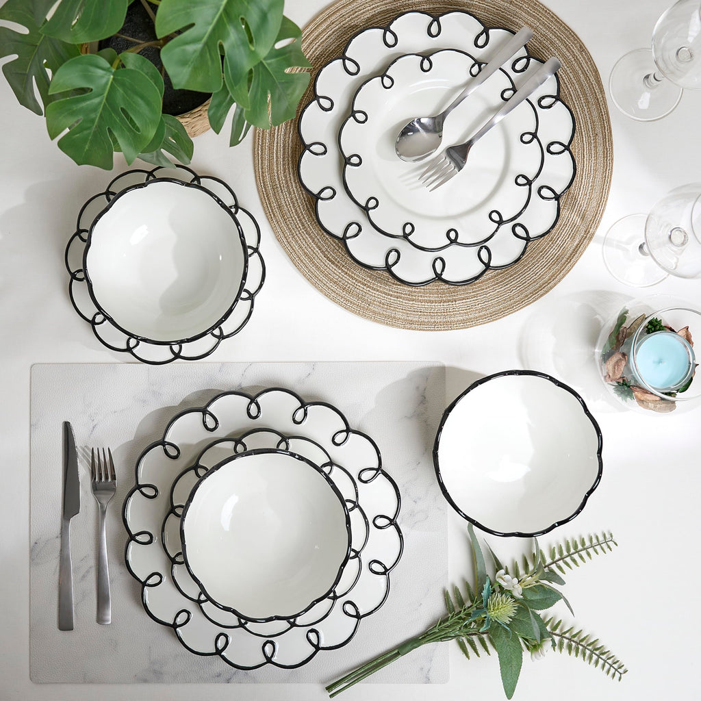 Sango 12-Piece Earthenware Dinnerware Set for 4, Glossy White Plates and Bowls Sets with Black Scalloped Rims, Premium Dish Set, Dishes for Hosting Parties, Birthday & Wedding Gifts, Splash of Cheers