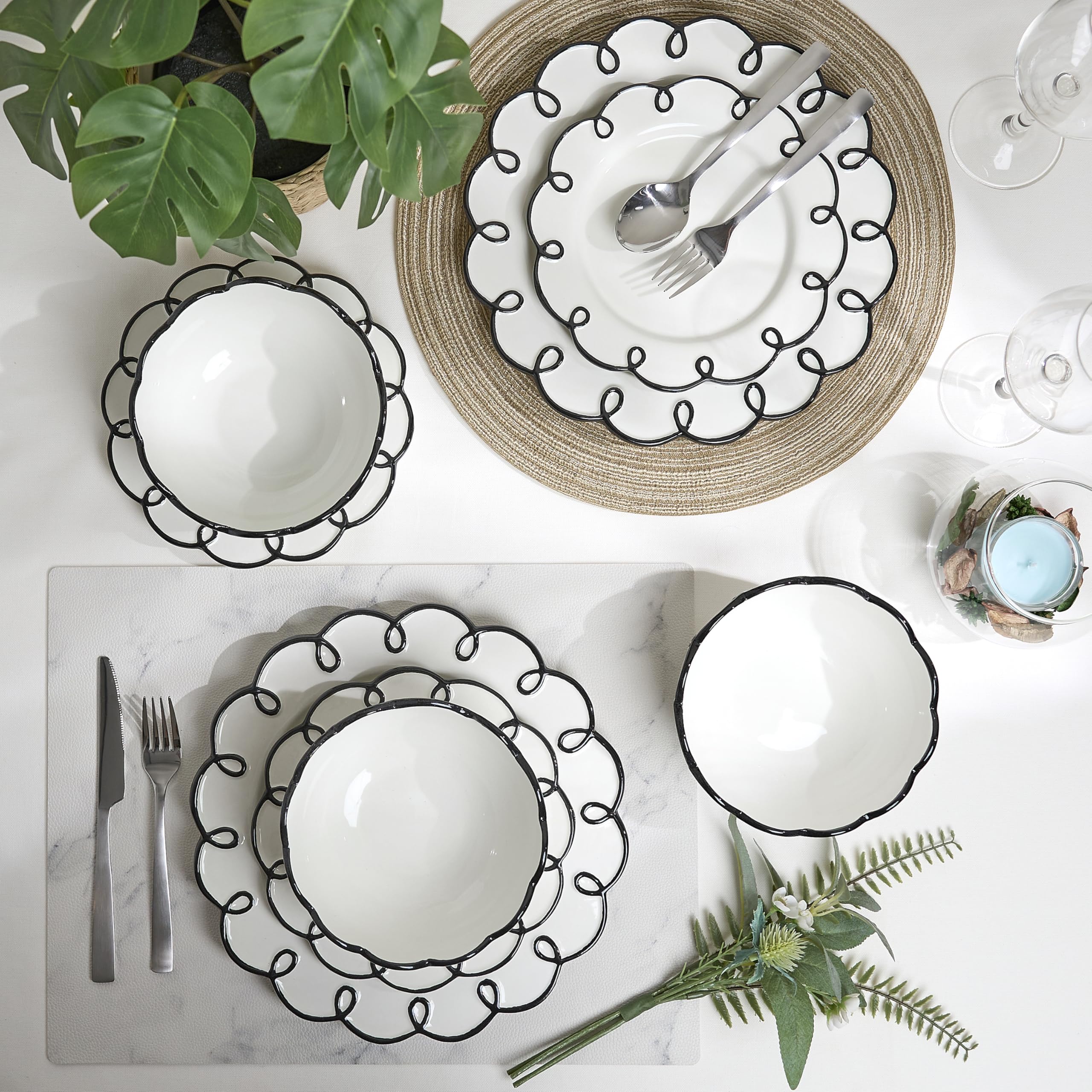 Sango 12-Piece Earthenware Dinnerware Set for 4, Glossy White Plates and Bowls Sets with Black Scalloped Rims, Premium Dish Set, Dishes for Hosting Parties, Birthday & Wedding Gifts, Splash of Cheers
