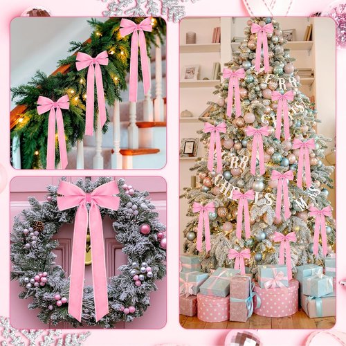 MUKOSEL Pink Velvet Bows - 12Pcs 5in X 10in Christmas Tree Decorations | Vintage Holiday Ornaments
