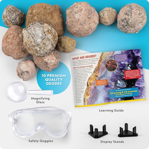 National Geographic Break Open 10 Premium Geodes - STEM Science Kit with Goggles & Display Stands for Kids