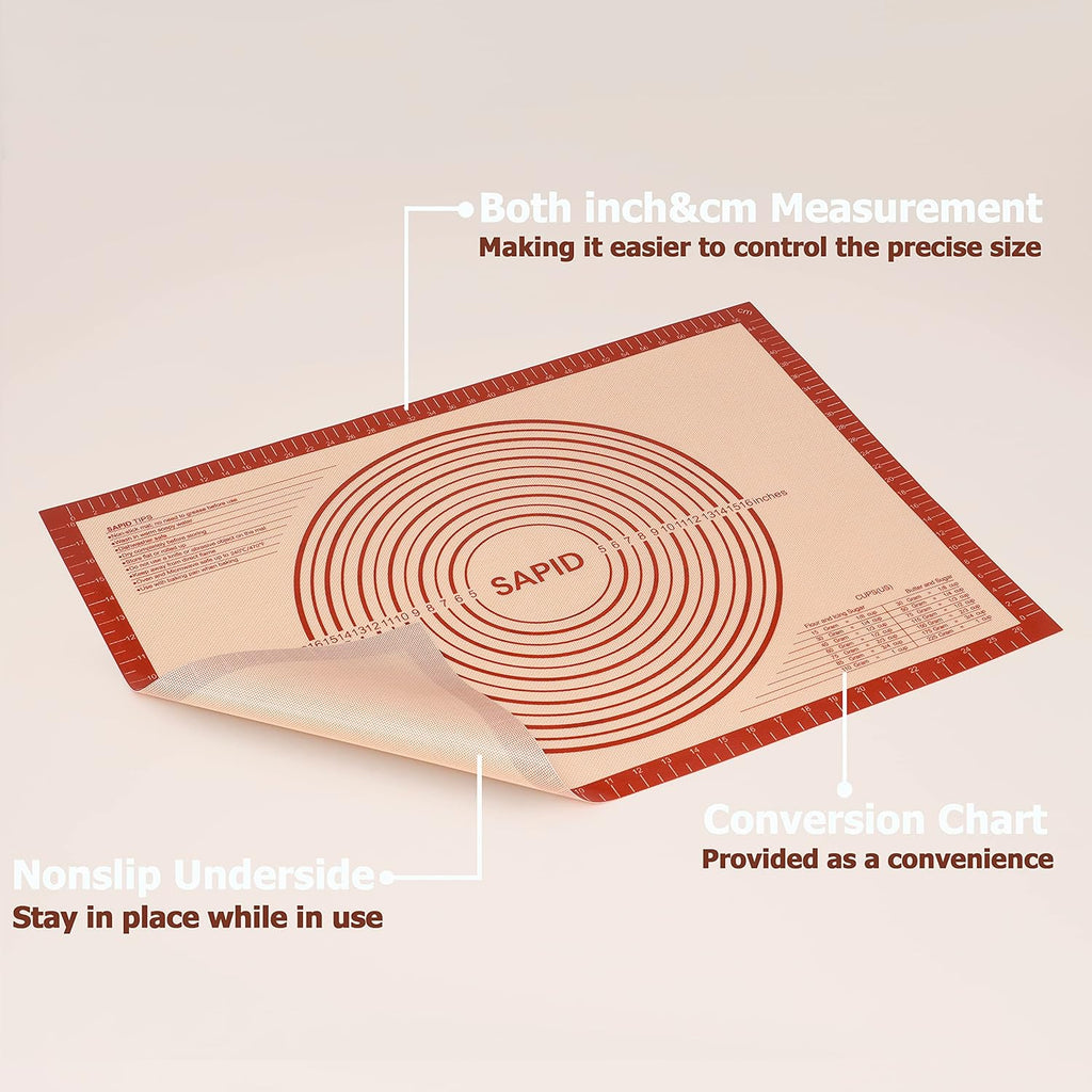 Sapid Extra Thick Silicone Pastry Mat - Non-Slip Baking Surface with Measurements | Extra Large 20" x 28" Red