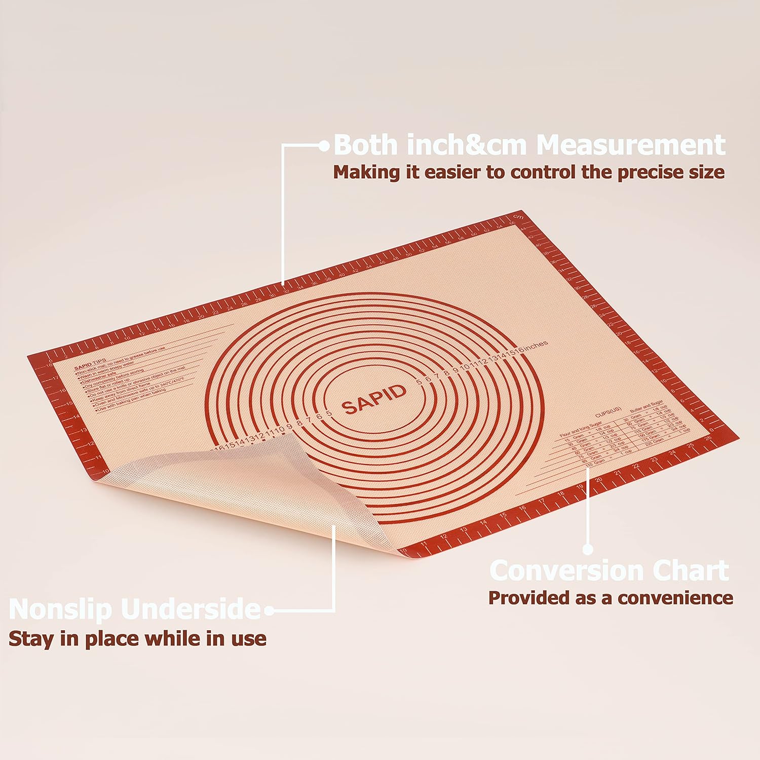 Sapid Extra Thick Silicone Pastry Mat - Non-Slip Baking Surface with Measurements | Extra Large 20" x 28" Red