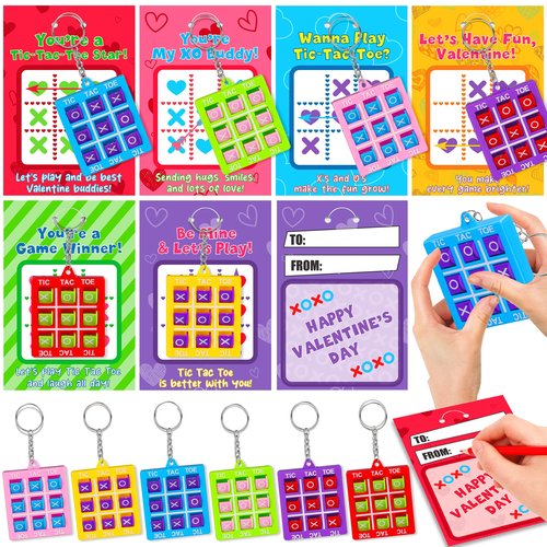 24 Pack Valentines Day Gifts for Kids Classroom Tic Tac Toe Game Keychains with Valentines Day Cards for Kids School, Valentines for Kids Class Exchange Cards Gifts Prizes Party Favors for Boys Girls