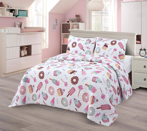 MK Collection Bedspread Set Kids Teens Sweet Dreams Donut and Ice Cream Printed Bedding Set, Donuts Pink White Mint Candy Cupcake Bedspread Set New (Full/Queen)