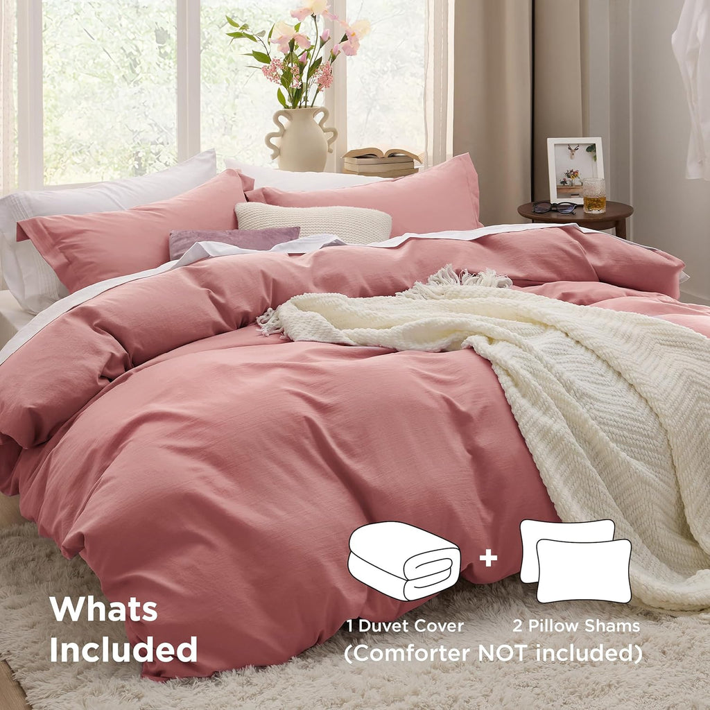 Bedsure Pink Clay Duvet Cover Queen Size - 3 Pieces Prewashed Cotton-Like Extra Soft Bedding Set, Includes 1 Duvet Cover 90x90 Inches with Zipper Closure & 2 Pillow Shams, Comforter Not Included