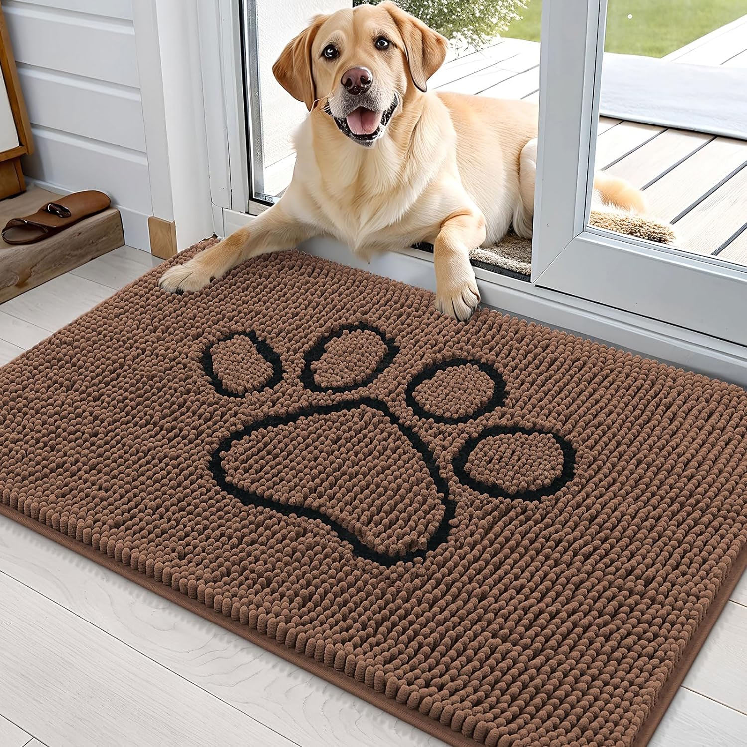 OLANLY Dog Door Mat - Absorbent Non-Slip Chenille Mat for Muddy Paws | 36x24 Mocha Paw Print Design