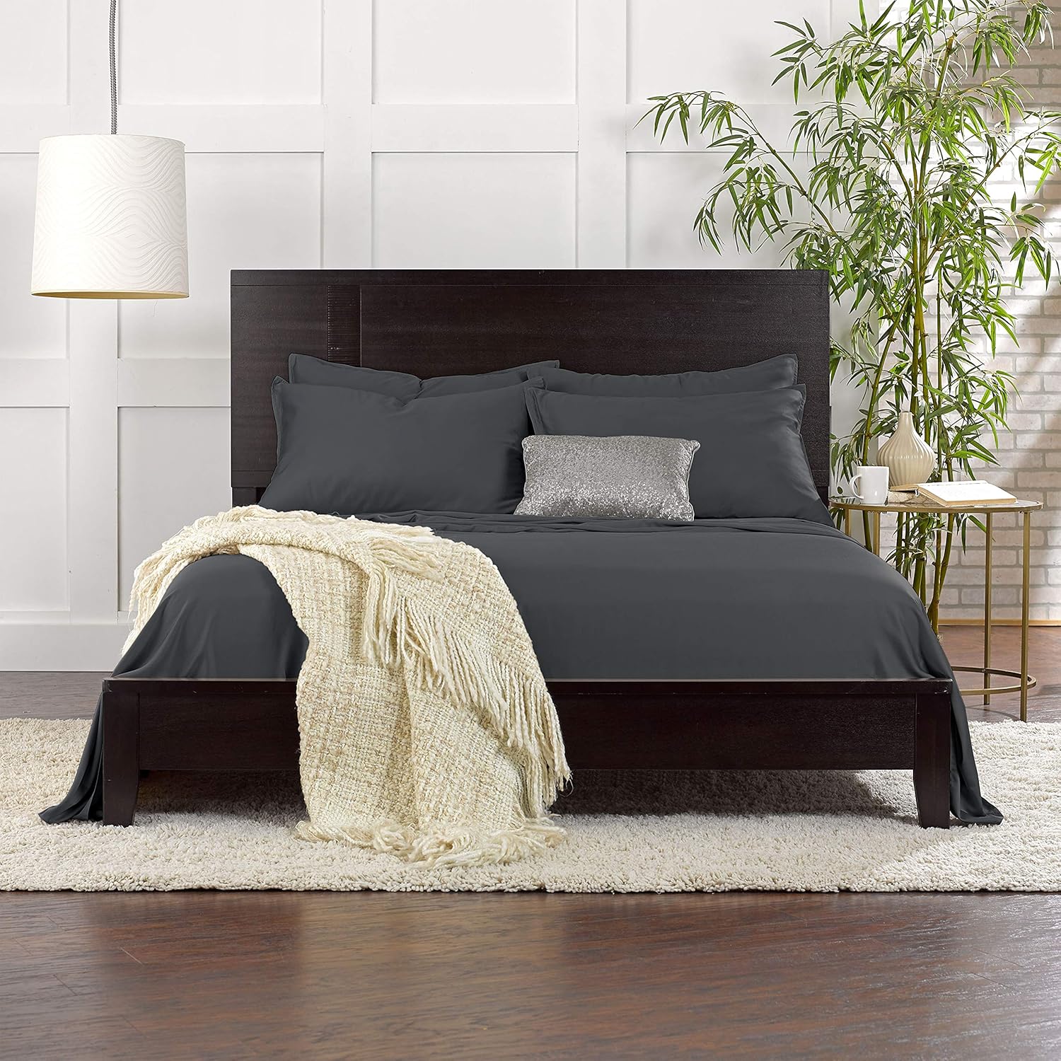 Pure Bamboo Short Queen Sheets - 100% Organic Viscose, Soft & Cooling Bed Set (60"x75") | Charcoal Color, 2-Year Quality Promise
