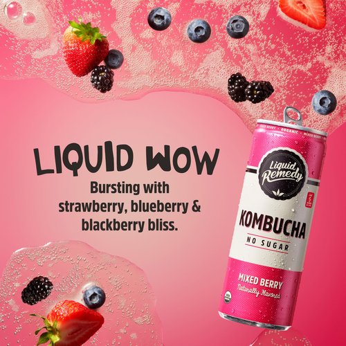 Liquid Remedy Kombucha Sugar Free Organic Drink, Low Calorie, Probiotic Like Tea for Gut Health - Mixed Berry - 12 Fl Oz Can, 4-Pack