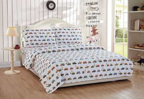 Linen Plus Comforter Set for Kids Construction Tractors Blue Red Green Yellow Grey White New (Twin)